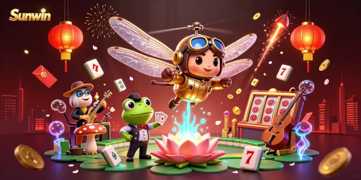 Experience excitement at Sunwin with a dynamic casino scene featuring cartoon characters and vibrant 3D elements.