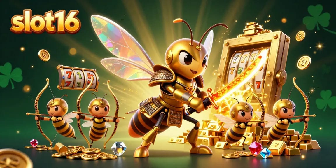 Experience the thrill of slot16 with vibrant golden characters and jackpot elements in a stunning casino illustration.