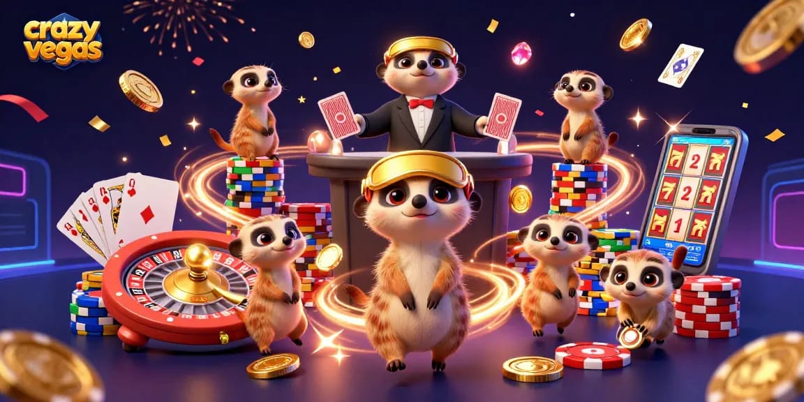 Join the fun at crazyvegas with meerkats running a vivid casino scene filled with gold coins and thrilling games.