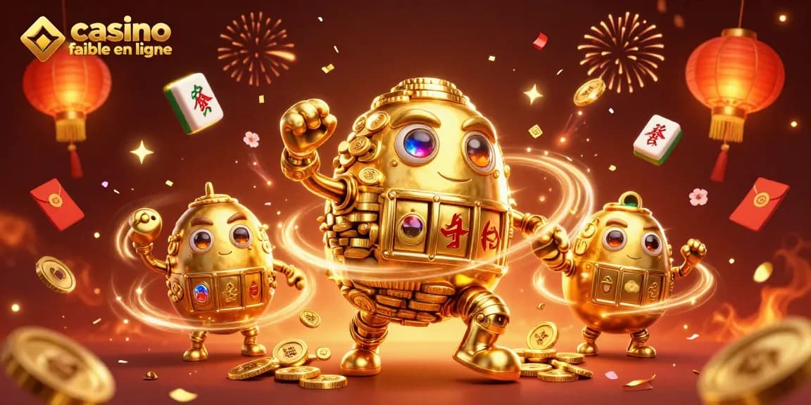 Illustration 3D du casino fiable en ligne avec un golem doré et des symboles de jeux