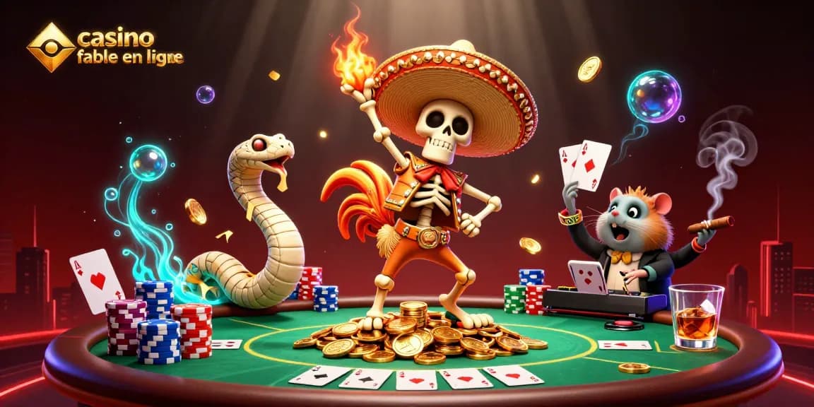 Dansez avec le rooster mariachi pour gagner au casino fiable en ligne, entouré de jetons et de cartes.