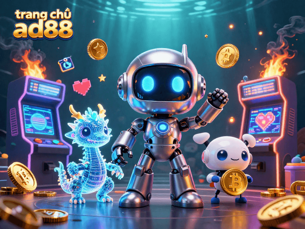 Engage with the vibrant gaming world of trang chủ ad88 featuring a cyberpunk robot and holographic elements.