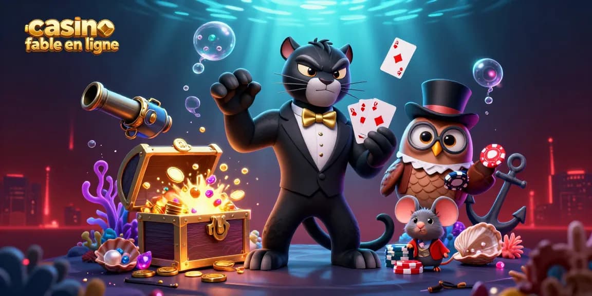 Illustration dynamique de casino fiable en ligne avec un panthère en costume, une chouette avec des jetons de poker et une souris chanceuse parmi des éléments de jeu.