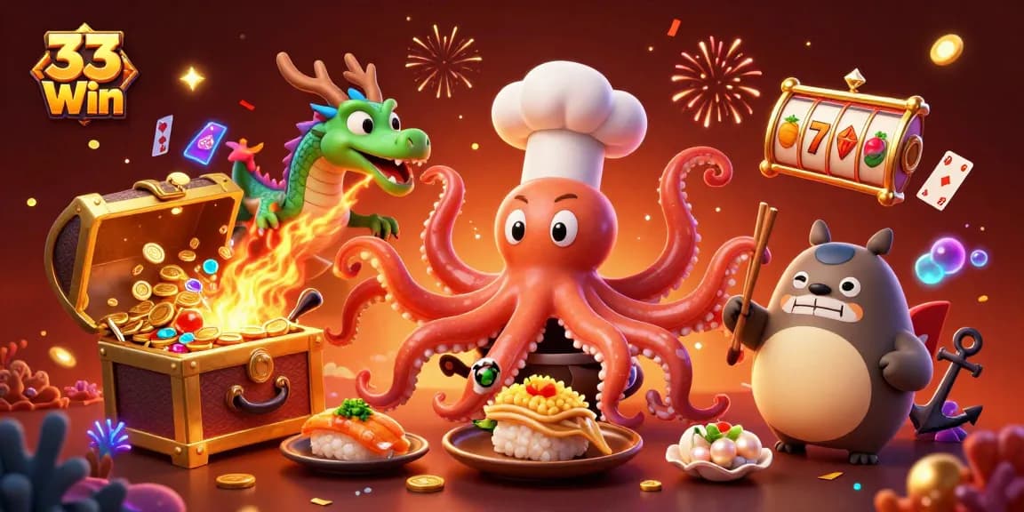 Engage with 33 Win in a lively casino scene featuring a sushi chef octopus, dragon, and tanuki!