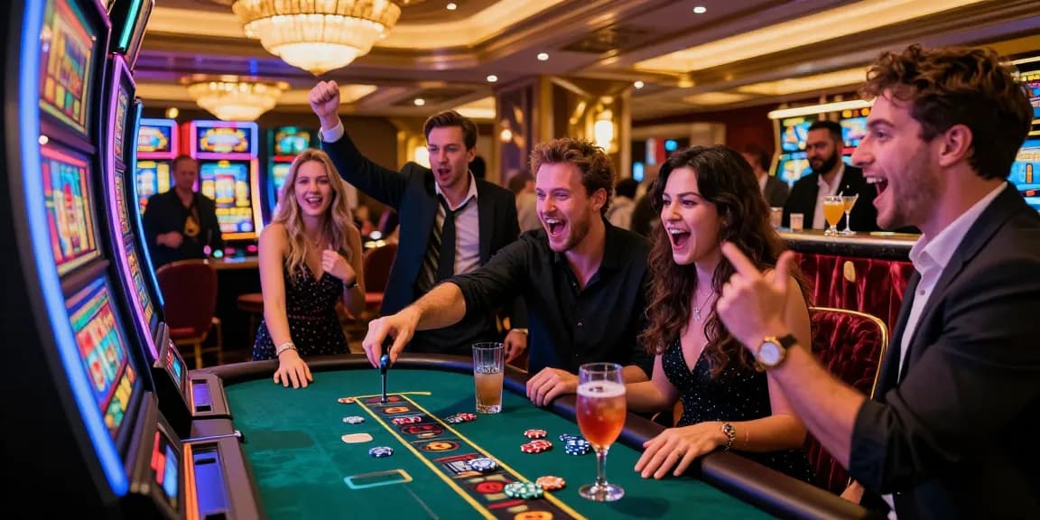 Excited group celebrating a slot jackpot win at an upscale casino.