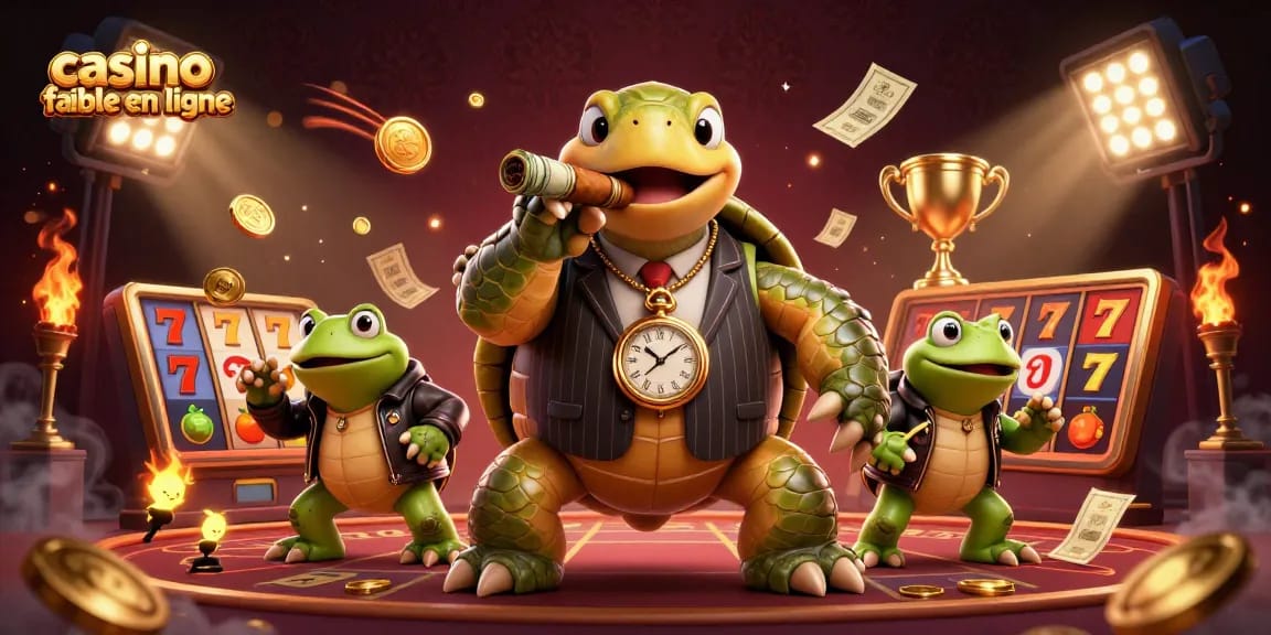 Visualisez un casino fiable en ligne avec une tortue en costume, des grenouilles et des machines à sous.