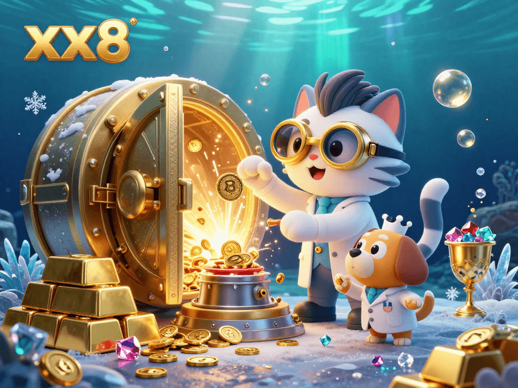 Experience winning at xx8 featuring a mad scientist cat and assistant surrounded by gold and treasures.