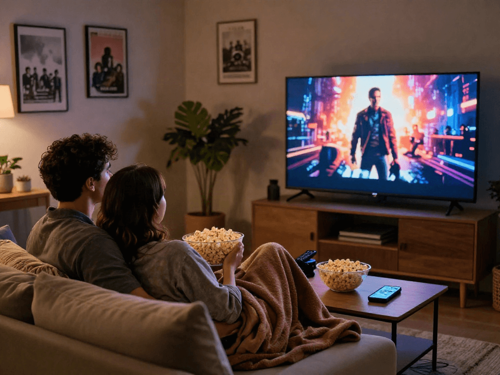 Enjoying Moviebox streaming in a cozy home setup with a couple on the couch.