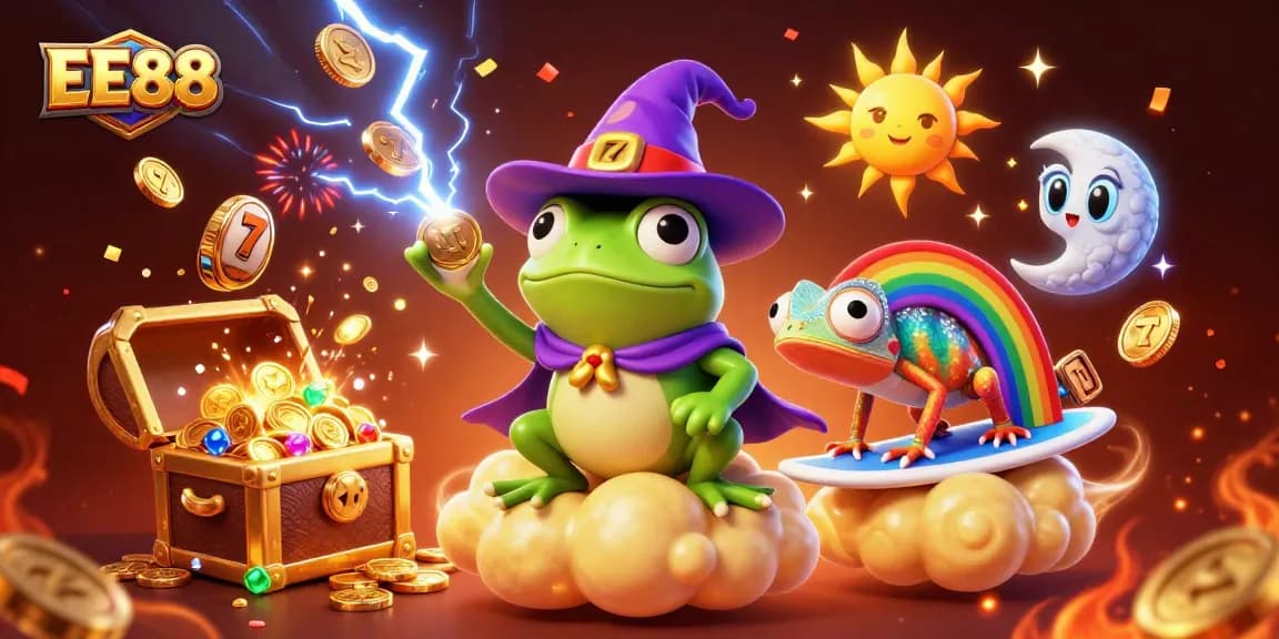 Experience the excitement of EE88 with a lively 3D casino illustration featuring a wizard frog and vibrant characters.