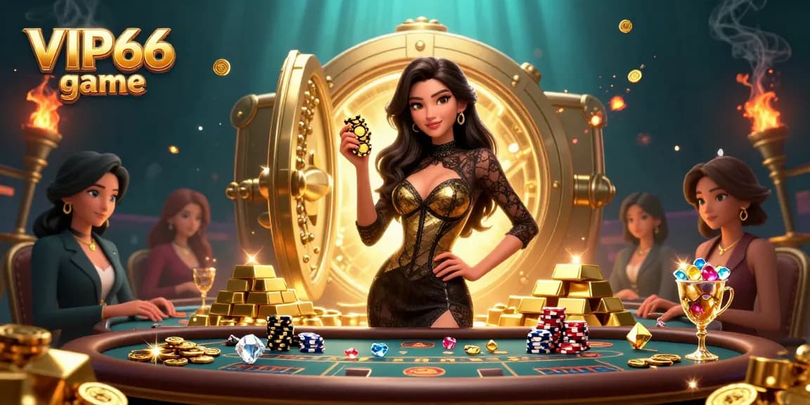 Experience the thrilling VIP66 game with high stakes at a luxurious baccarat table and golden treasures.