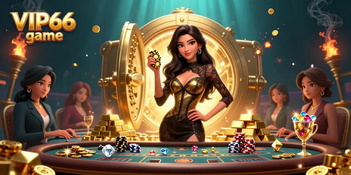 Experience the thrilling VIP66 game with high stakes at a luxurious baccarat table and golden treasures.