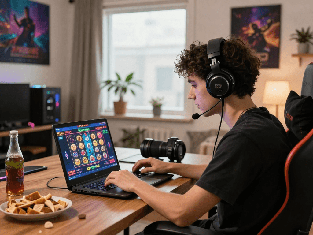 Engaging slot online terpercaya gaming experience at home with colorful graphics and vibrant atmosphere.