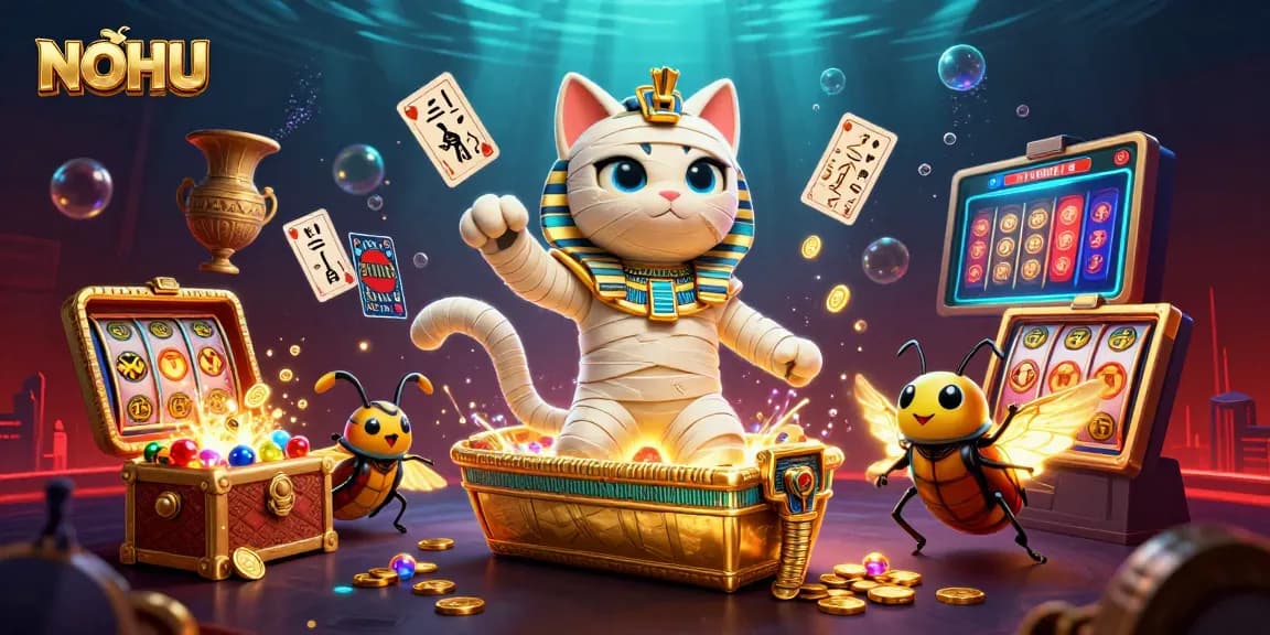 NOHU: Engaging 3D cartoon illustration showcasing the excitement of slot gaming in a vibrant casino atmosphere.