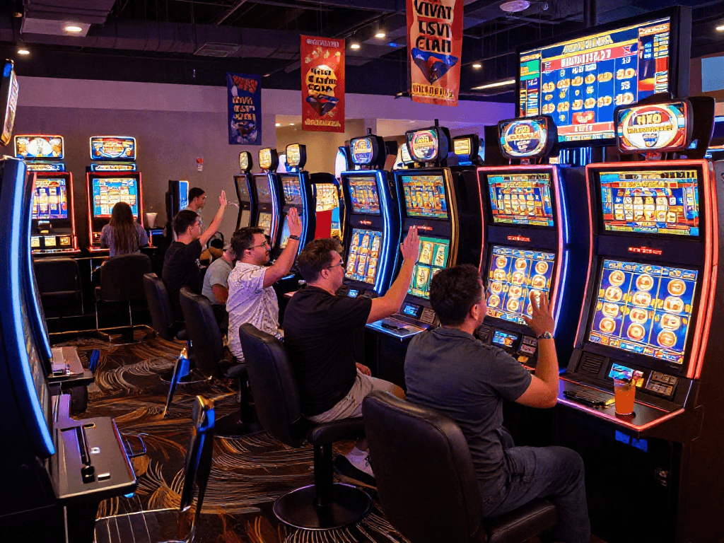 Players celebrating a slot jackpot win in a vibrant casino gaming area.
