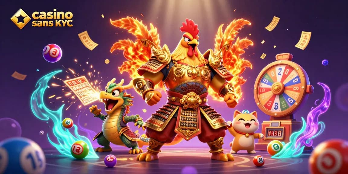 Plongez dans l'excitation du casino crypto sans KYC avec un combat de coqs et un dragon dans une scène vibrante.