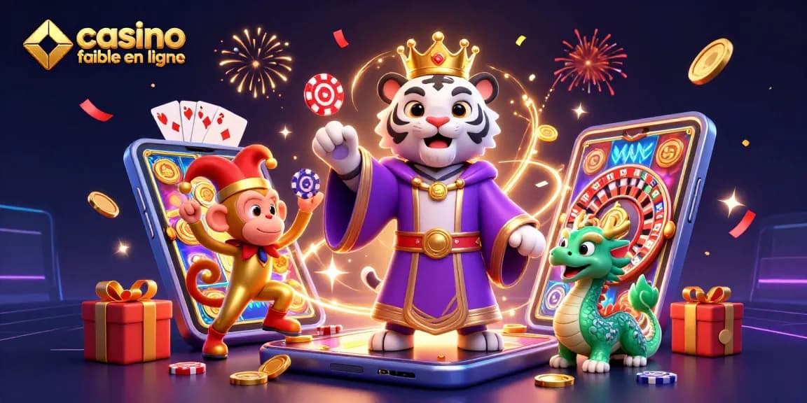 Illustration captivante de casino fiable en ligne mettant en avant un tigre majestueux et un singe jongleur