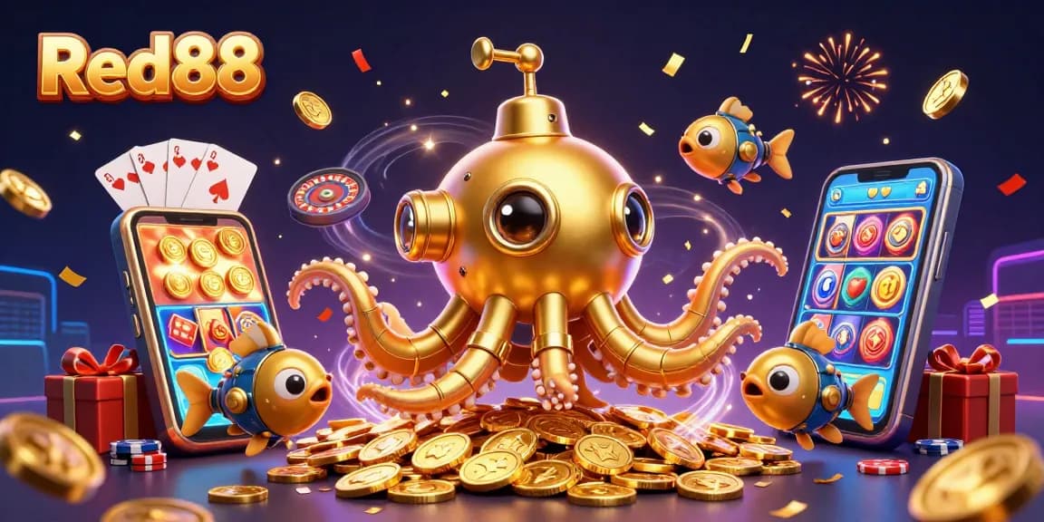 Play exciting games at Red88 with gold coins and dynamic slot actions in a vibrant casino scene.