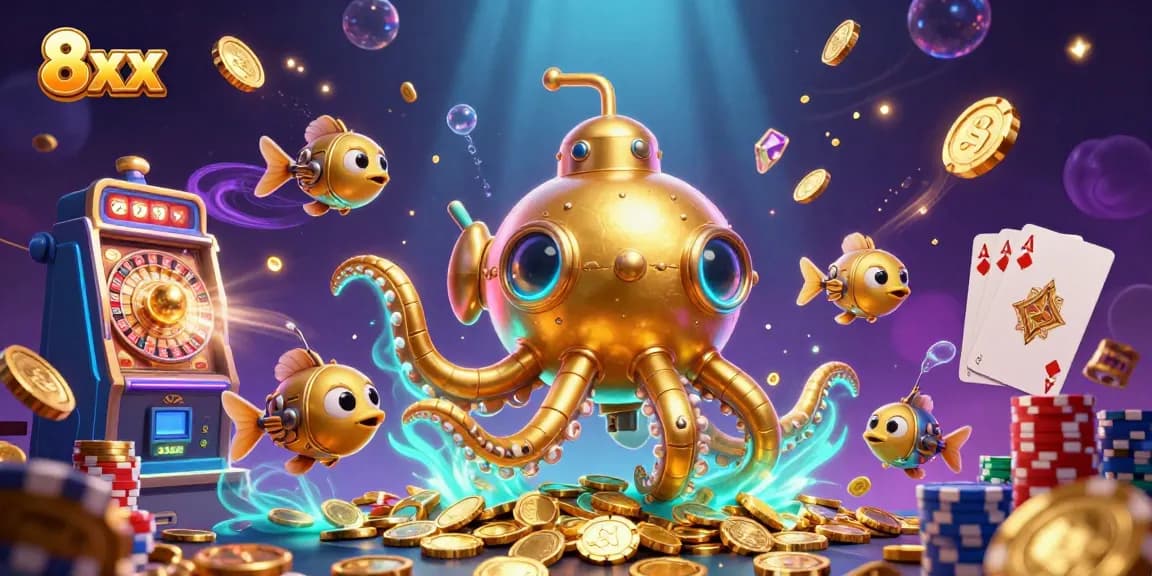 Engage with 8xx's thrilling casino experience, featuring a golden kraken and vibrant gaming elements.