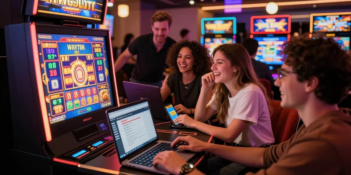 Group enjoying the HWGSLOT experience at a digital casino, vibrant atmosphere with engaging slot machines.