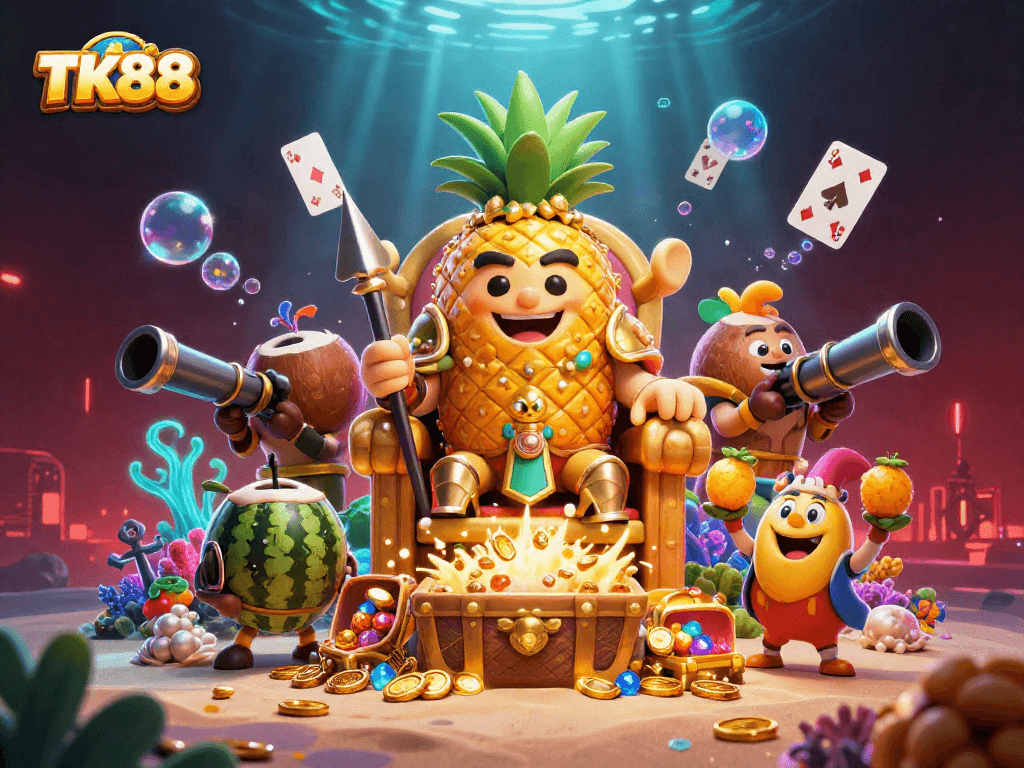 Experience the vibrant casino world of TK88 with an animated golden pineapple king surrounded by lively characters.