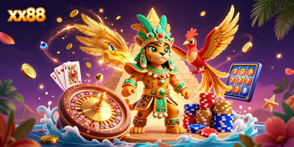 Win big at xx88 with a vibrant 3D casino scene featuring Mayan jaguar priest, golden coins, and roulette.