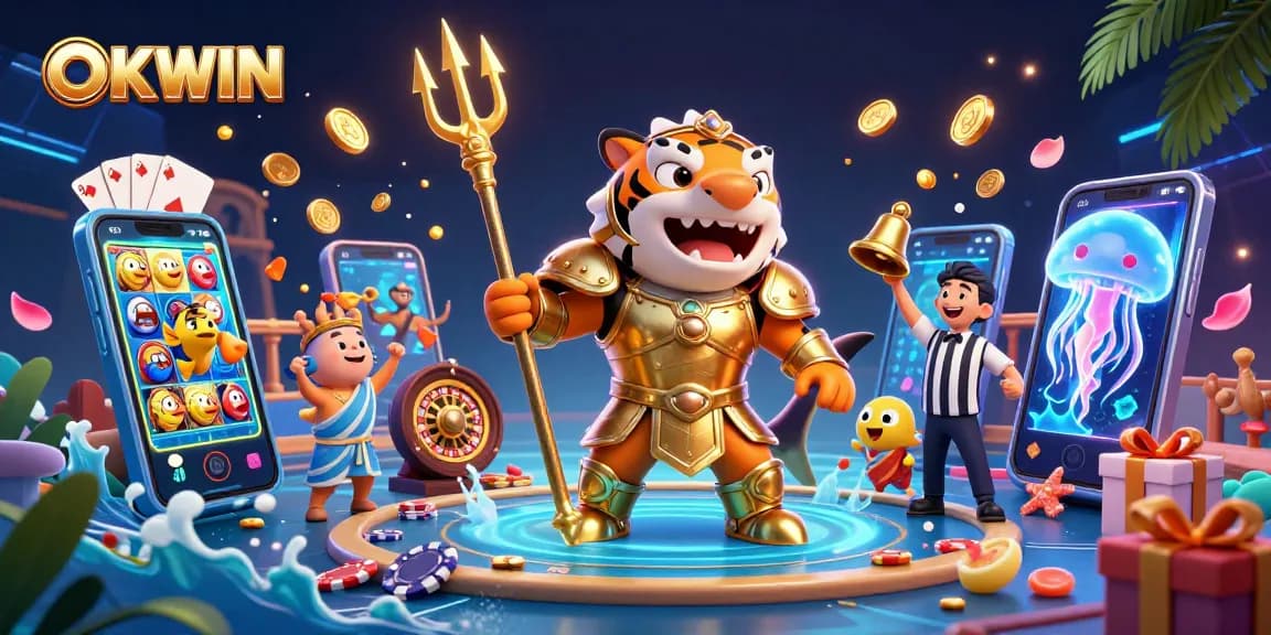 Engage in the thrill of OKWIN's vibrant underwater casino adventure with a shark gladiator.
