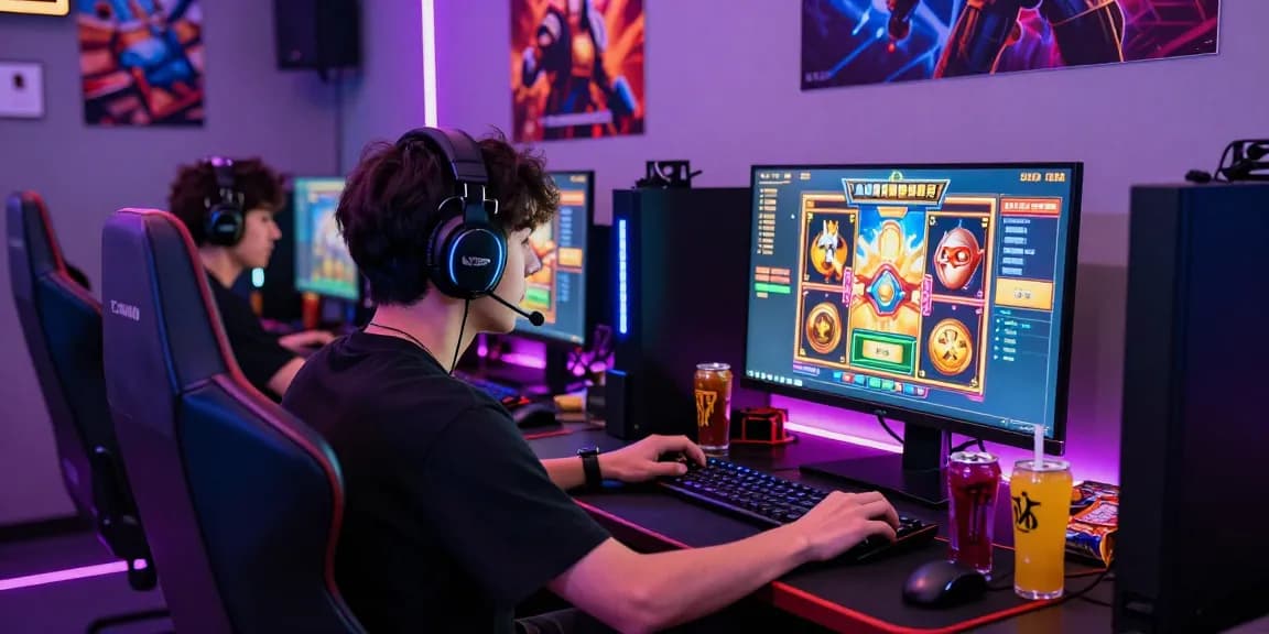 Engaged gamer at https://gravatar.com/playbook88official exploring high-RTP online slot games with vibrant graphics.