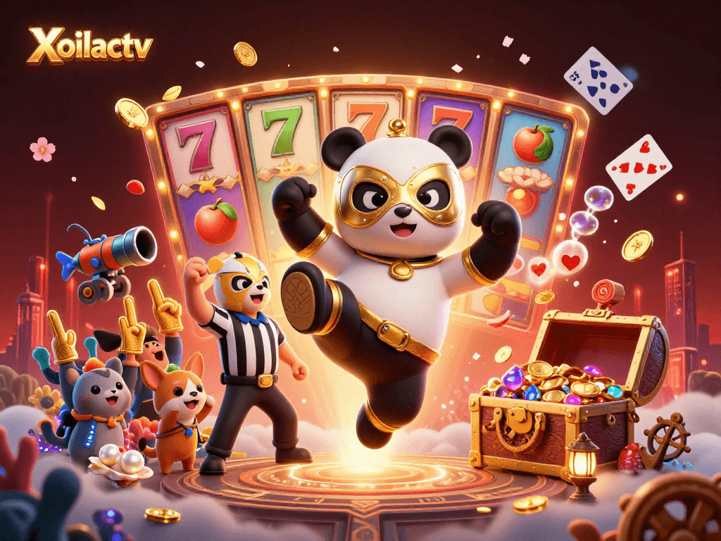 Xoilactv presents a lively 3D scene with a wrestling panda, cheering animal crowd, and vibrant casino elements.