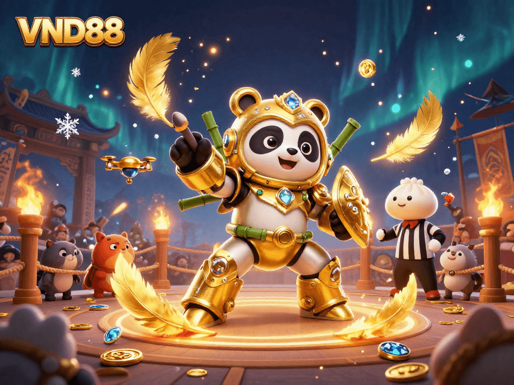 Experience thrilling gameplay with VND88's vibrant 3D casino scene featuring a panda in mech-suit.
