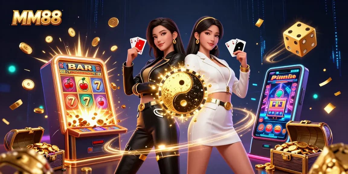 Experience thrilling games with MM88 featuring twin Asian women holding playing cards and surrounding jackpot elements.
