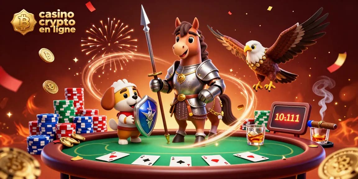Expérience des jeux dans un casino crypto en ligne avec des personnages médiévaux et des jetons colorés.