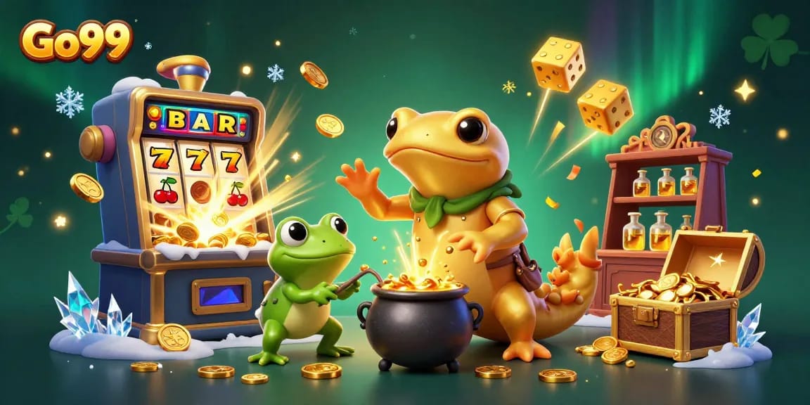 Engage in thrilling gaming with Go99's enchanting 3D illustration featuring golden winnings and dynamic casino elements.