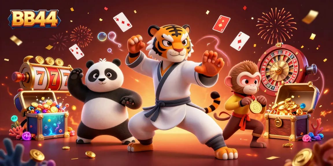 BB44 gaming scene featuring cartoon characters and vibrant casino elements like slot reels and cards