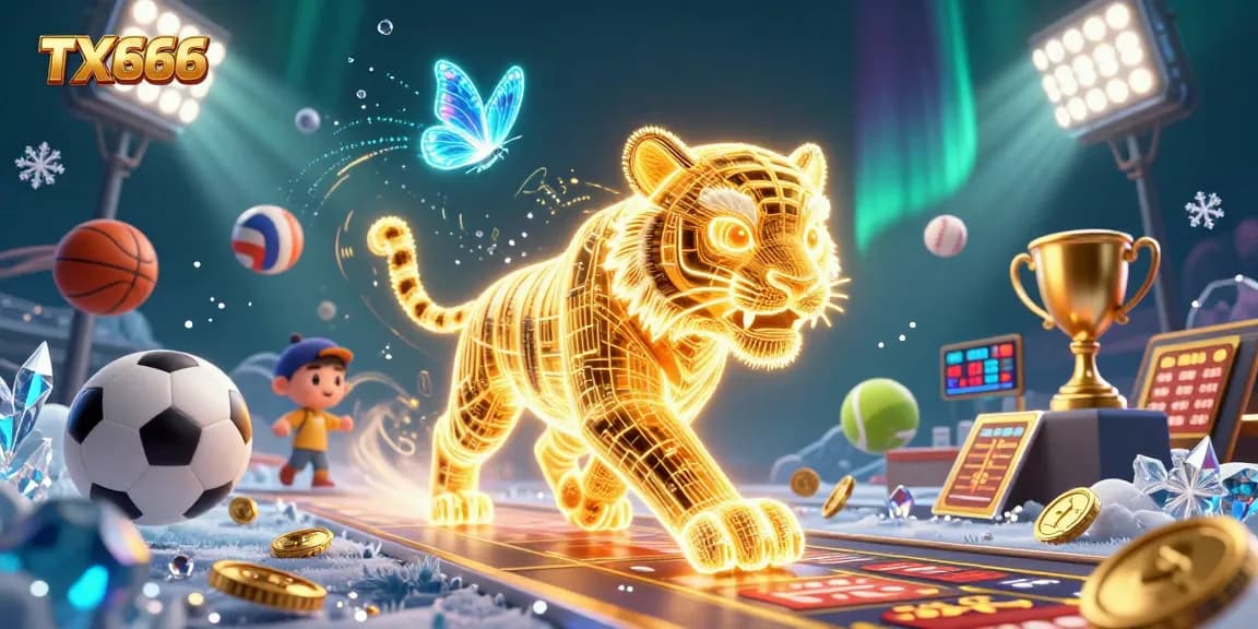 TX666 casino landscape illustration featuring a golden tiger and dynamic sports elements.
