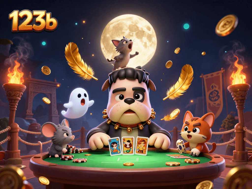 Experience the thrill of 123b with a vibrant casino illustration featuring a Frankenstein bulldog dealer.