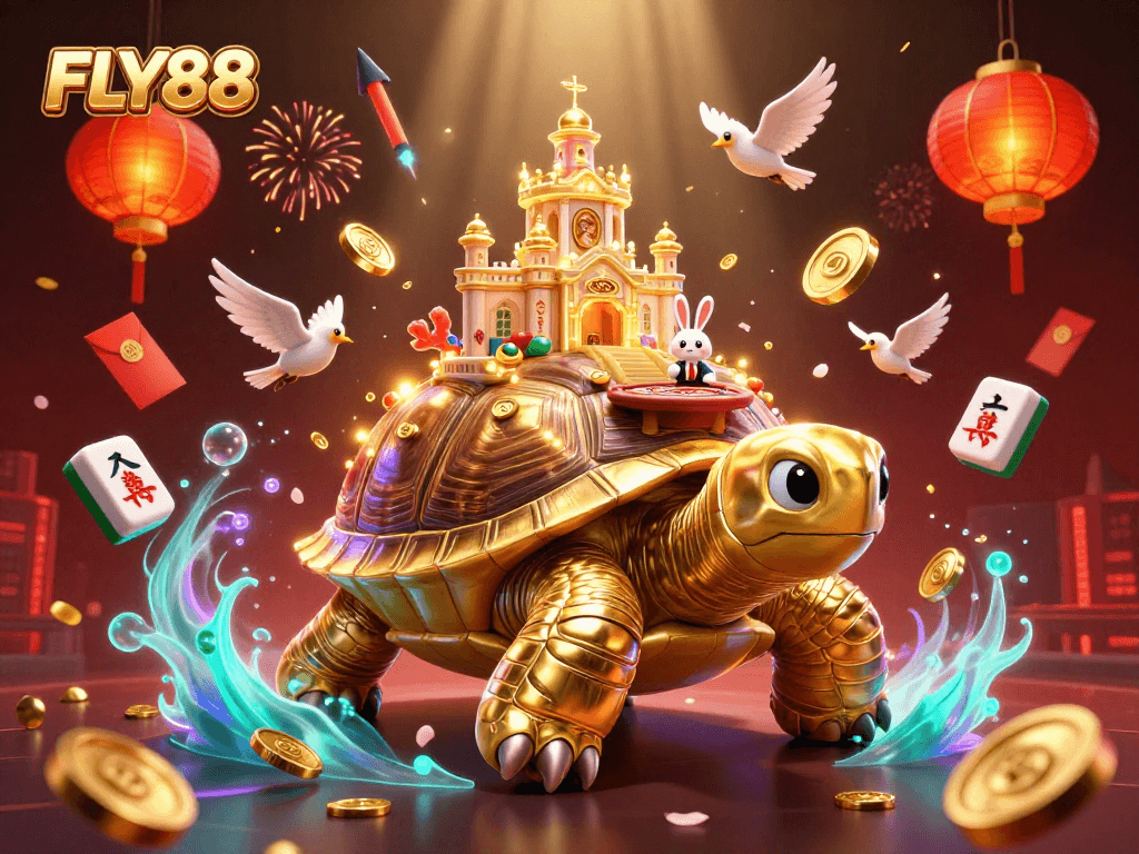FLY88 captivates players with vibrant casino scene featuring a golden tortoise and rabbit dealer.