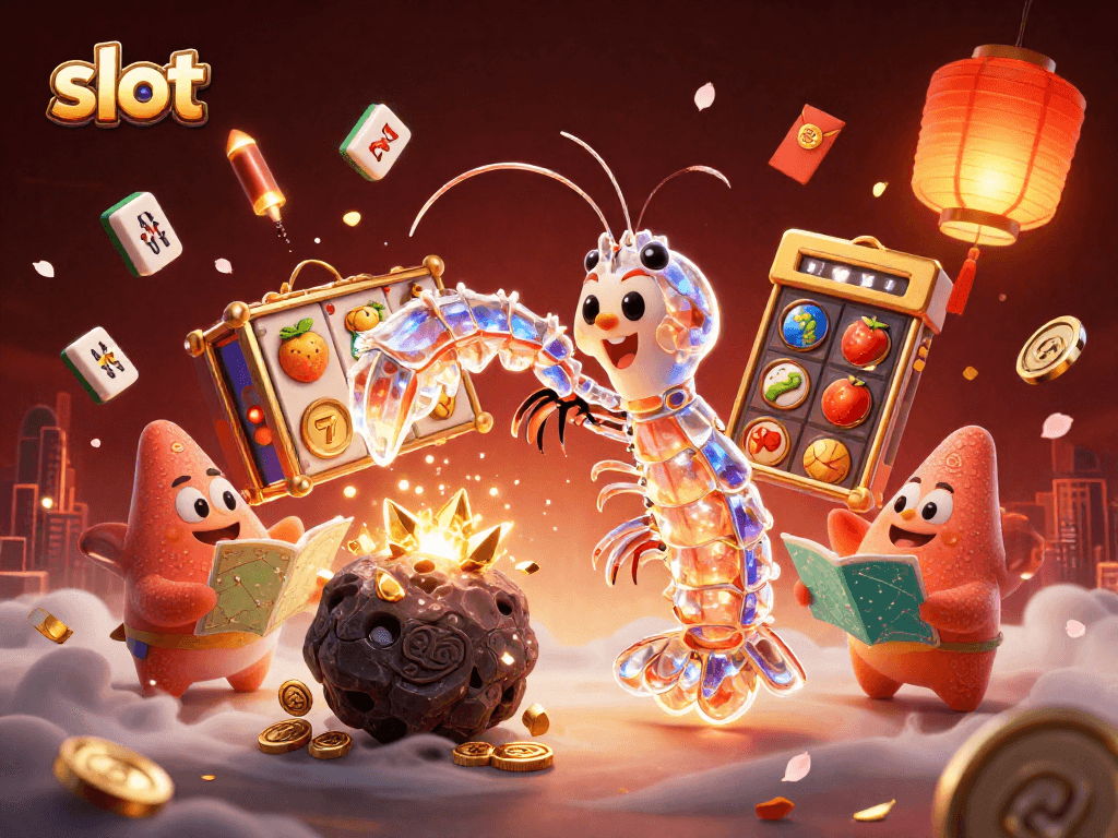 Spin slot reels in a vibrant casino-scene bursting with gems and golden coins.