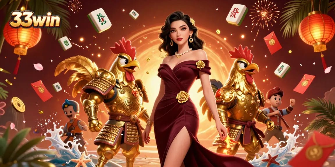 33win offers a vibrant gaming atmosphere with a samurai rooster warrior and glamorous characters.