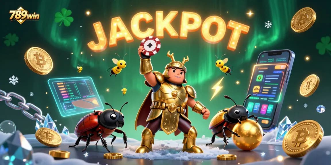 Engage with 789win's winning spirit depicted through a triumphant beetle character in a vibrant casino scene.