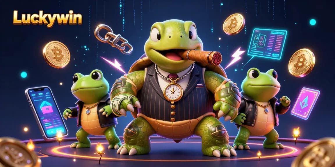 Experience exciting gaming adventures with Luckywin's vibrant casino illustration featuring lively characters and crypto elements.