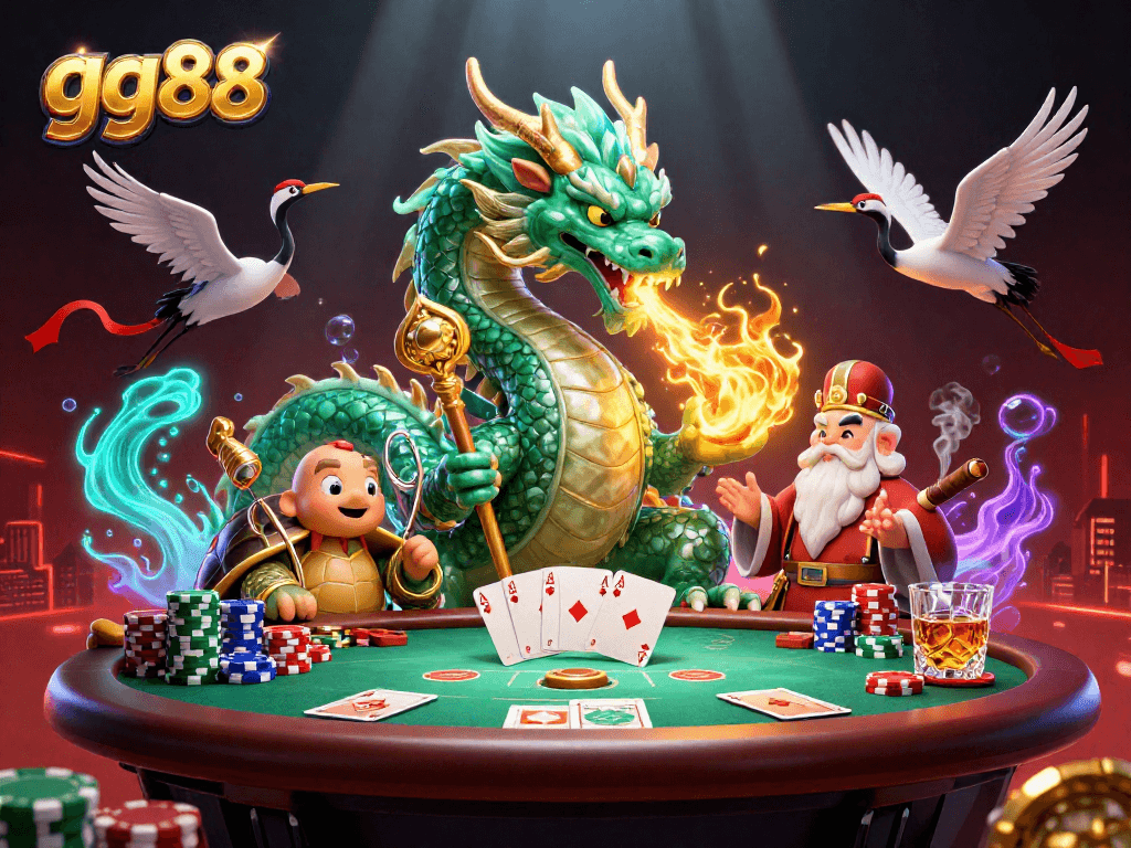 Engage with exciting gameplay at gg88 featuring a dragon, turtle sage, and poker elements.