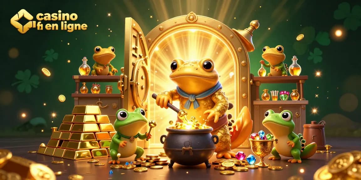Illustration détaillée d'un casino fiable en ligne, avec un alchimiste doré et des éléments de jeu envahissants.