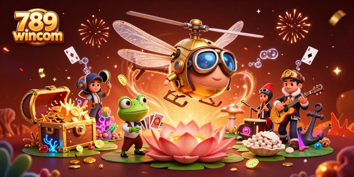 Experience the excitement of 789wincom as a dragonfly pilot hovers over a vibrant lily pad casino!