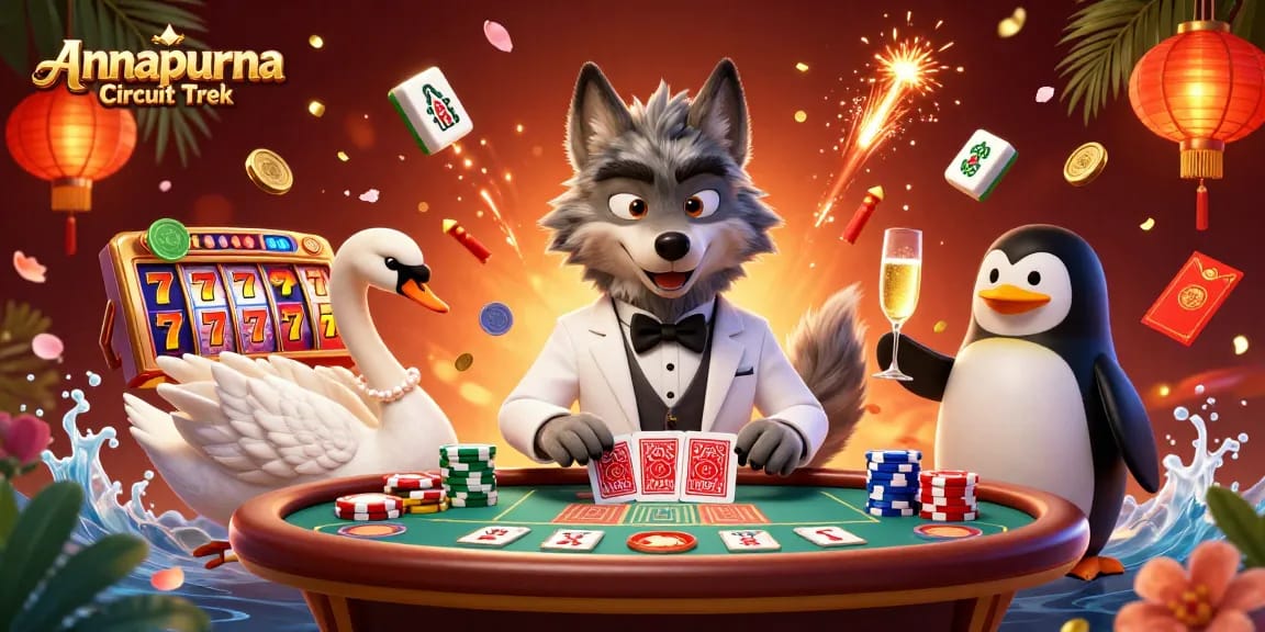 Annapurna Circuit Trek showcases a dynamic casino scene with a debonair wolf, elegant swan, and penguin presenting luxury gambling elements.