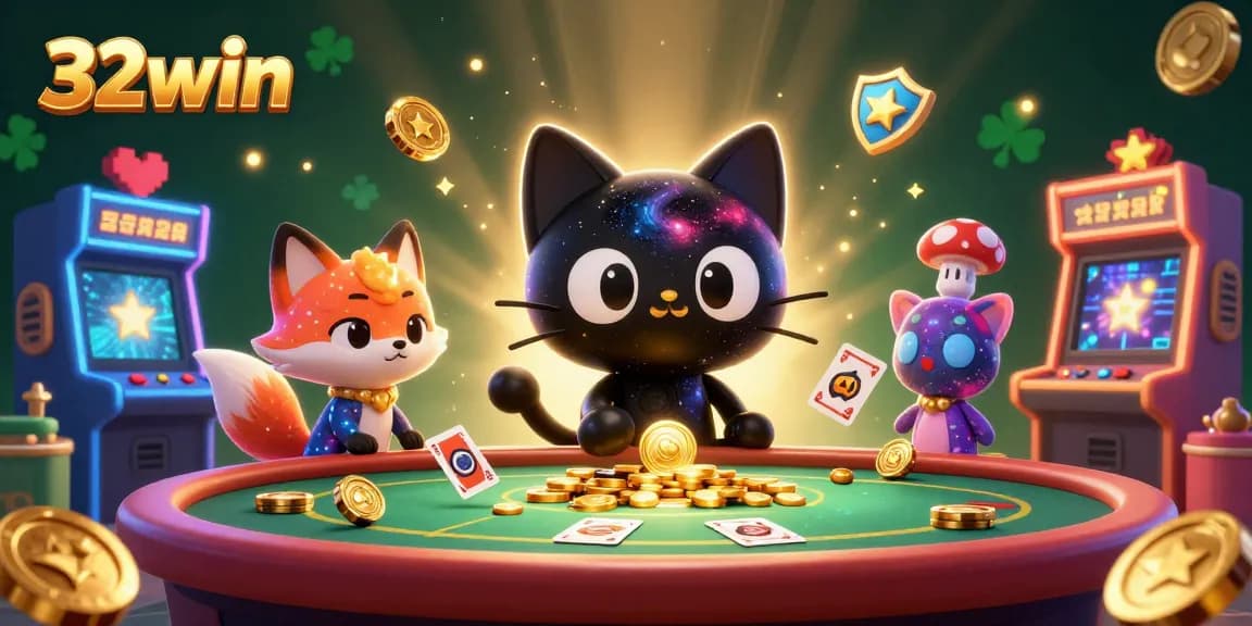 Experience excitement with 32win's cosmic casino scene, featuring a captivating black hole cat and vibrant elements.