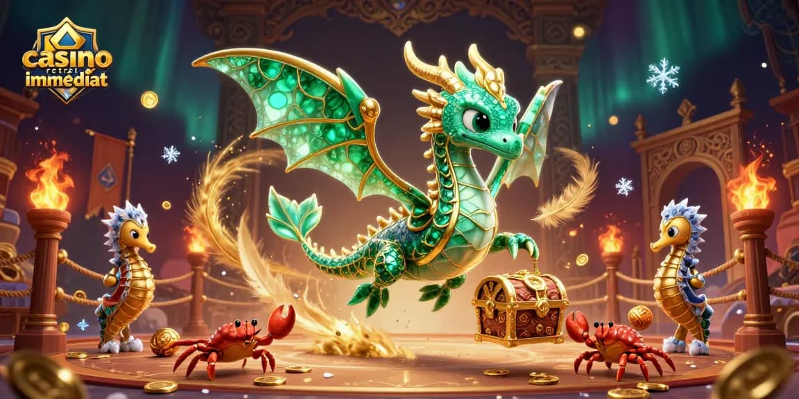 Illustration de casino retrait immédiat avec un dragon de mer et des crabes transportant un trésor.