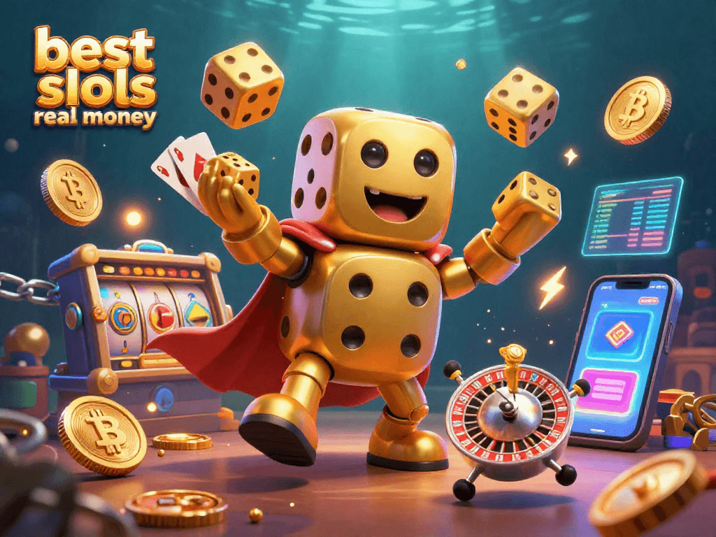 Engage with the best online slots real money as colorful characters gather around vibrant slot reels, symbolizing winning potential.