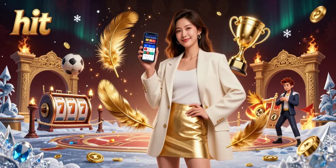 Engage in thrilling gameplay at hit with a woman showcasing a sports betting app amid casino elements.