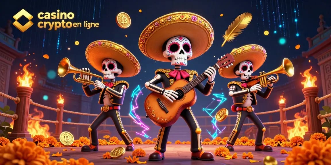 Plongez dans l'univers ludique des casinos crypto en ligne avec une illustration animée captivante de musiciens squelettes.