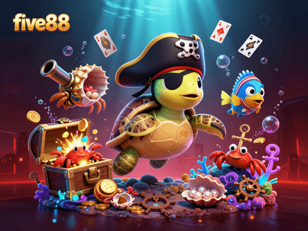Experience exciting gameplay at five88 with vibrant characters and underwater treasures surrounding a pirate turtle.